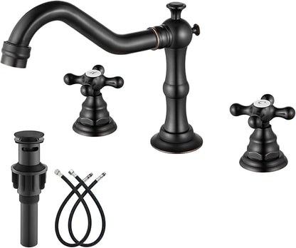 gotonovo Bathroom Faucet 3 Hole 8 Inch Widespread Bathroom Sink Faucet 2 Cross Handles Vintage Lavatory Vanity Mixer Tap with Pop Up Drain, H C Label, Oil Rubbed Bronze