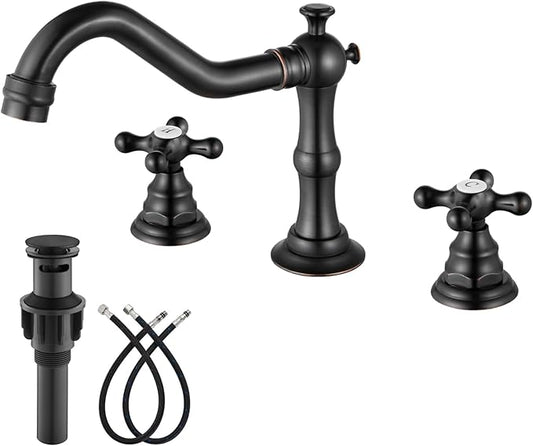 gotonovo Bathroom Faucet 3 Hole 8 Inch Widespread Bathroom Sink Faucet 2 Cross Handles Vintage Lavatory Vanity Mixer Tap with Pop Up Drain, H C Label, Oil Rubbed Bronze
