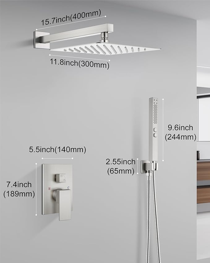Shower Faucet Set Rainfall Shower System with Square Showerhead and Handle Set Fixture with 2 in 1 Function Handheld Sprayer Wall Mounted Trim Repair Kit Rough-in Valve 12 Inch Brushed Nickel