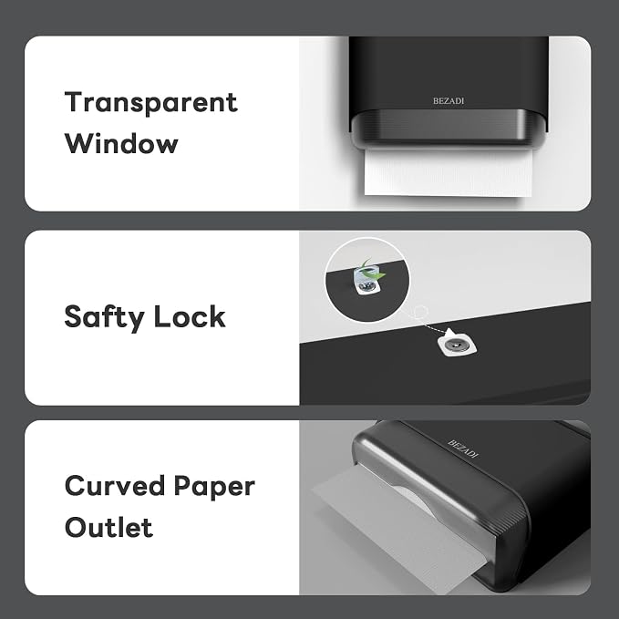 Paper Towel Dispenser,Large Capacity Wall Mount Tissue Dispensers with Smart Lock, Used for Kitchen and Bathroom 200+ Sheets Toilet Paper Holders Black
