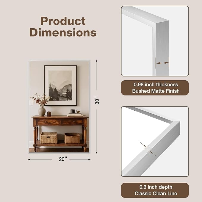 MZON 20" x 30" Brushed Nickel Bathroom Vanity Mirror, Mirror for Over Sink | Aluminum Alloy Frame, Clear Reflection, Rust-Resistant, Vertical or Horizontal, Wall Mount, Bedroom and Entryway