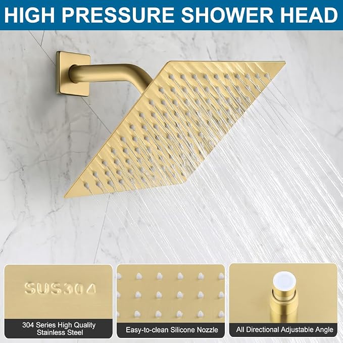 Brushed Gold Shower System Bathroom Shower Faucet Set with Tub Spout Wall Mounted 8 Inch Shower Head and Handle Set with Handheld 3 Function Tub and Shower Trim Kit with Valve
