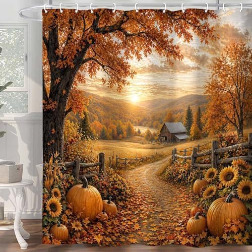 Autumn Pumpkin Shower Curtain, Fall Farmhouse Bathroom Curtain, Thanksgiving Harvest Sunflower Maple Leaves Country Road Waterproof Polyester Fabric Bath Curtain with Hooks 72x72 Inch