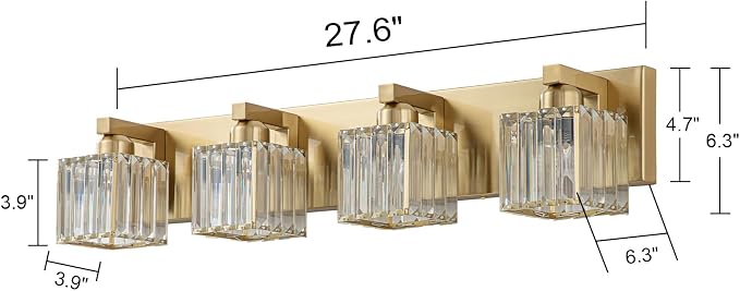Gold Crystal Bathroom Vanity Lights, 4 Lights Bathroom Lighting Fixtures Over Mirror Modern Gold Crystal Bath Wall Light with Square Shade