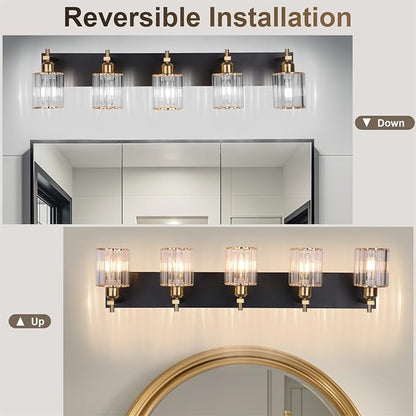 She's home 5-Light Vanity Lights for Bathroom: Black Gold Vanity Lights with Crystal Glass Shade, Modern Crystal Bathroom Light Fixtures Over Mirror, 34inch Black Gold Wall Sconce for Bath, E26 Base