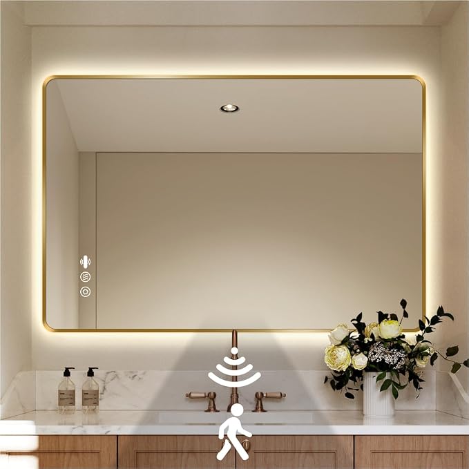 40" x 32" Gold LED Bathroom Mirror with Lights - Motion Sensor | Smart Backlit Mirror Bathroom, Anti-Fog, 3-Color Stepless Dimmable, Memory Function, Metal Framed Rounded-Corner Rectangle
