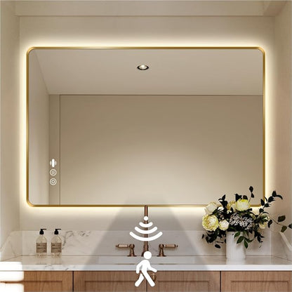 40" x 32" Gold LED Bathroom Mirror with Lights - Motion Sensor | Smart Backlit Mirror Bathroom, Anti-Fog, 3-Color Stepless Dimmable, Memory Function, Metal Framed Rounded-Corner Rectangle