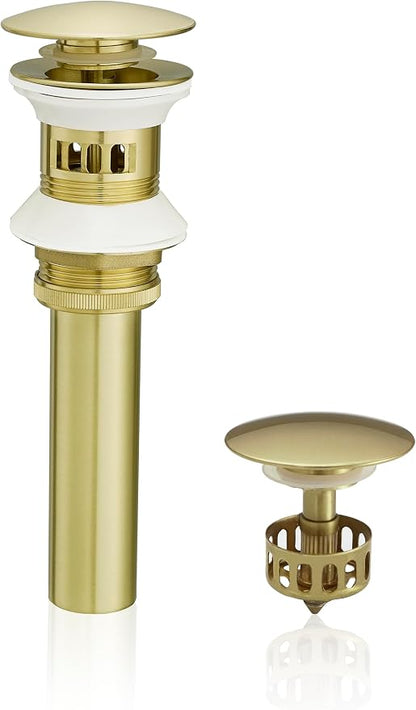 VOTON Brushed Gold Pop Up Bathroom Sink Drain with Overflow Assembly with Strainer Lavatory Vanity Vessel Pop Up Drain Stopper
