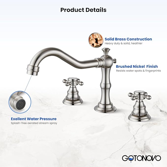 gotonovo 3 Hole Widespread Bathroom Sink Faucet Double Cross Handle Mixer Tap Faucet for Bathroom Sink Vanity Faucet Deck Mount Basin Hot Cold Water Matching Pop Up Drain Brushed Nickel