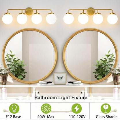 Bathroom Light Fixtures Gold Vanity Lights Over Mirror, Modern Wall Sconce Lighting 4-Light with White Glass Globe Shade