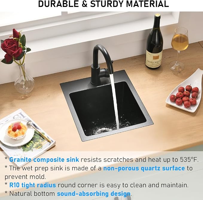 Black Drop In Bar Sink Quartz, 13x15 Inch | Granite Composite Quartz Small Kitchen Sink RV Wet Bar Topmount Single Bowl Kitchen Sink with Small Rubber Squeegee