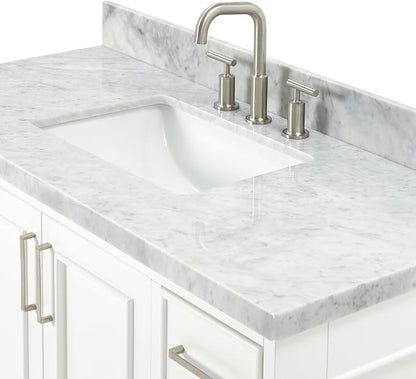 Langford 48-inch White Bathroom Vanity with Center Rectangle Single Sink, Italian Carrara Marble Countertop & Backsplash, Solid Wood Frame, Soft-Closing & Dovetail Drawers