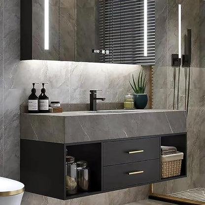 KunMai 39.4" Black Floating Bathroom Vanity with Sink – Modern Wall Mounted Bathroom Cabinet with Sintered Stone Countertop, Soft-Close Drawers, Space-Saving Vanity for Small Bathrooms