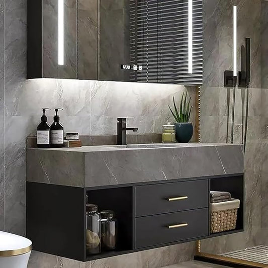 KunMai 39.4" Black Floating Bathroom Vanity with Sink – Modern Wall Mounted Bathroom Cabinet with Sintered Stone Countertop, Soft-Close Drawers, Space-Saving Vanity for Small Bathrooms