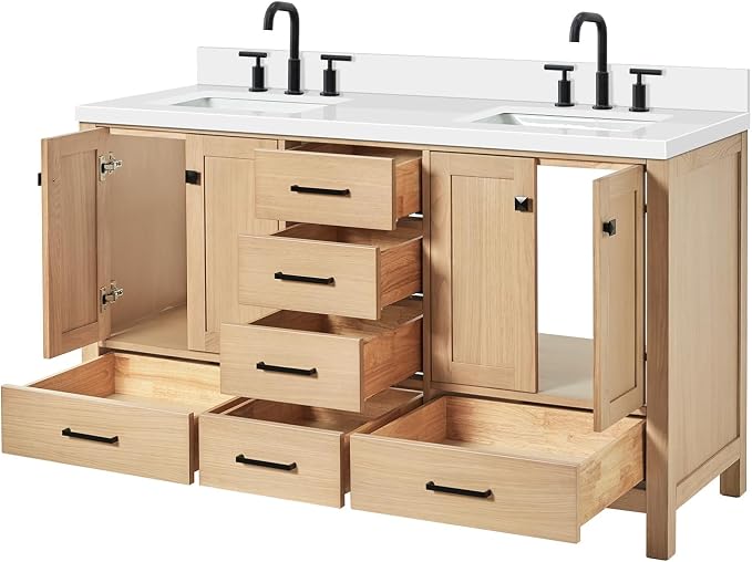ARIEL Cambridge 60-inch Bathroom Vanity with Sink,Solid Wood, 1.5-inch Pure White Quartz Countertop, Double Rectangular Porcelain Sink, 4 Soft Closing Doors, 6 Dovetail Drawers, White Oak