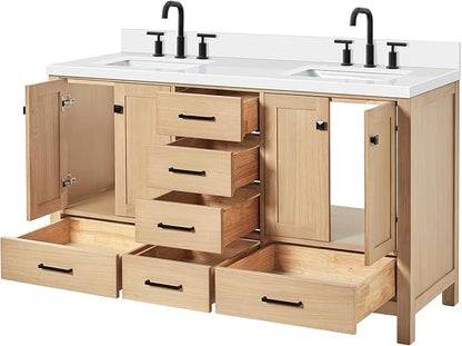 ARIEL Cambridge 60-inch Bathroom Vanity with Sink,Solid Wood, 1.5-inch Pure White Quartz Countertop, Double Rectangular Porcelain Sink, 4 Soft Closing Doors, 6 Dovetail Drawers, White Oak