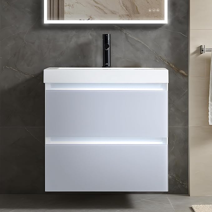 Blossom 24 inch LED Lighted Bathroom Vanity with Acrylic Sink | Wall Mounted Vanity with Dimmable LED Lights | Modern Floating Design for Small Bathrooms | 24" w/Acrylic Sink, Light Grey