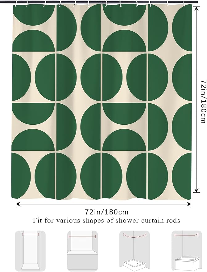 Green Mid Century Modern Shower Curtain, Boho Abstract Geometric Retro Art Bath Curtains for Bathroom, Colorful Unique Pattern Waterproof Polyester Fabric Bathroom Set 12 Hooks 72X72IN