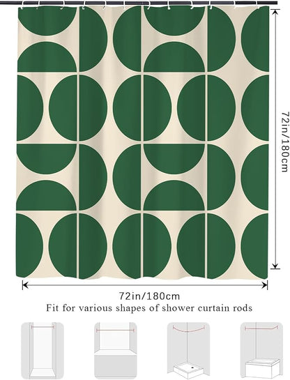 Green Mid Century Modern Shower Curtain, Boho Abstract Geometric Retro Art Bath Curtains for Bathroom, Colorful Unique Pattern Waterproof Polyester Fabric Bathroom Set 12 Hooks 72X72IN