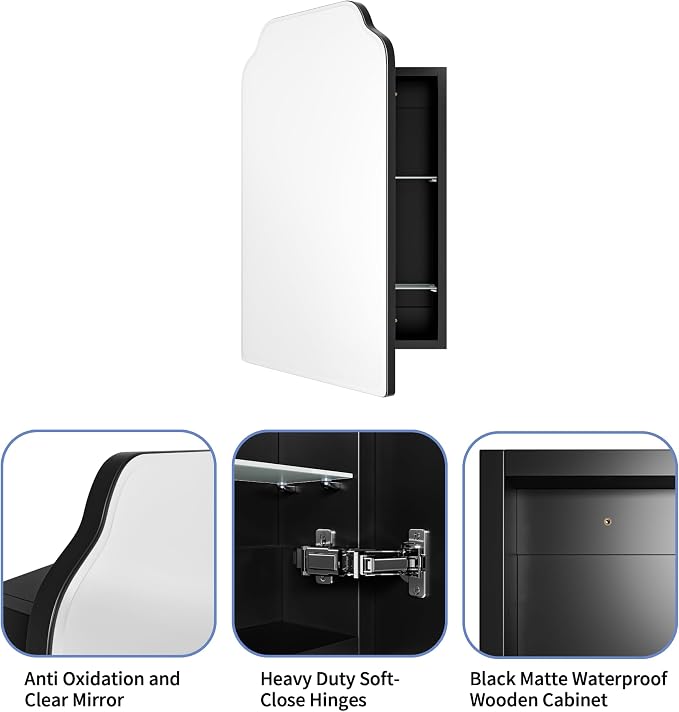 AGDULL Victorian Medicine Cabinet with Arched Mirror, Overall 16.5"W x 24"H | Recessed or Surface Mount, 15.2"W x 19.6"H Wood Black Cabinet with 16.5"W x 24"H Arched Mirror, Left-Swing Door, Soft-Close