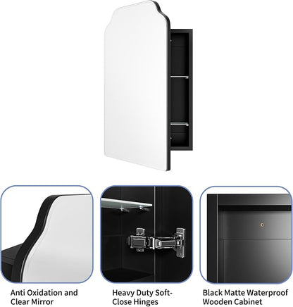 AGDULL Victorian Medicine Cabinet with Arched Mirror, Overall 16.5"W x 24"H | Recessed or Surface Mount, 15.2"W x 19.6"H Wood Black Cabinet with 16.5"W x 24"H Arched Mirror, Left-Swing Door, Soft-Close