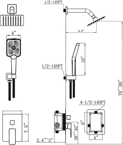 Shower System Modern Rain 8 inches Brass Faucet Set With Valve and Diverter Shower Mixer With Handheld High Pressure Square Rainfall Shower Valve (8'' Wall Mount, Matte Black)