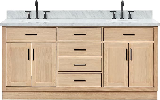 ARIEL Hepburn 72-inch Bathroom Vanity with Sink,Solid Wood, 1.5-inch Italian Carrara Marble Countertop & Backsplash, Double Oval Porcelain Sink, 4 Soft Closing Doors, 6 Dovetail Drawers, White Oak