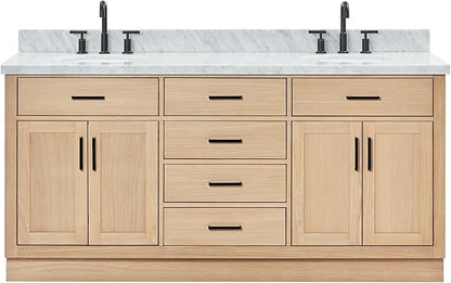 ARIEL Hepburn 72-inch Bathroom Vanity with Sink,Solid Wood, 1.5-inch Italian Carrara Marble Countertop & Backsplash, Double Oval Porcelain Sink, 4 Soft Closing Doors, 6 Dovetail Drawers, White Oak