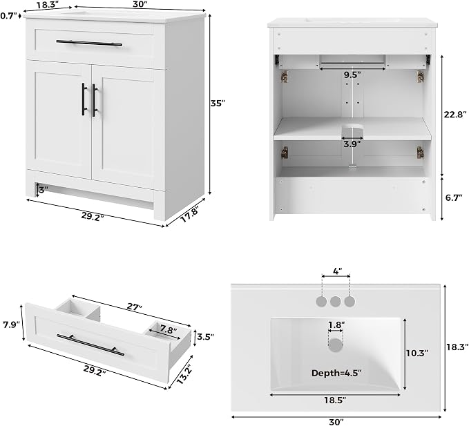 LIKIMIO 30" Bathroom Vanity with Sink, 1 U-Shaped Drawer & 2 Doors, White | Freestanding Bathroom Vanity, Integrated Ceramic Sink, Soft-Close Doors & Drawer, Modern Bathroom Storage Cabinet