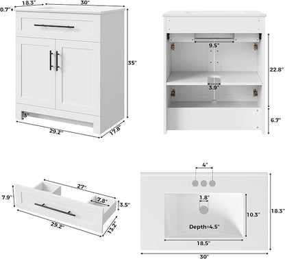 LIKIMIO 30" Bathroom Vanity with Sink, 1 U-Shaped Drawer & 2 Doors, White | Freestanding Bathroom Vanity, Integrated Ceramic Sink, Soft-Close Doors & Drawer, Modern Bathroom Storage Cabinet