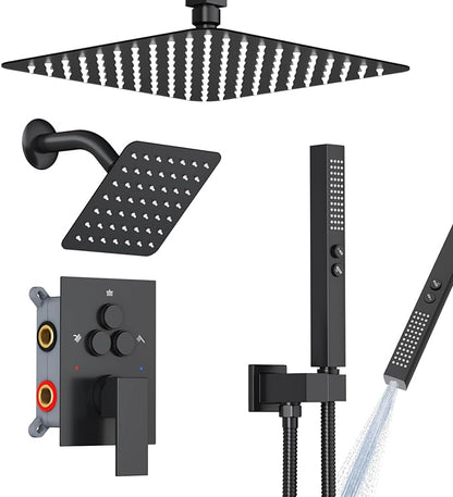 Shower Faucet Set Shower System - EMBATHER Push Button Diverter Dual Shower Faucet Valve Kit with Rainfall Ceiling Mount 10 Inch Shower Head 6 Inch Wall Mount, for Couple (Standard-10'', Matte Black)