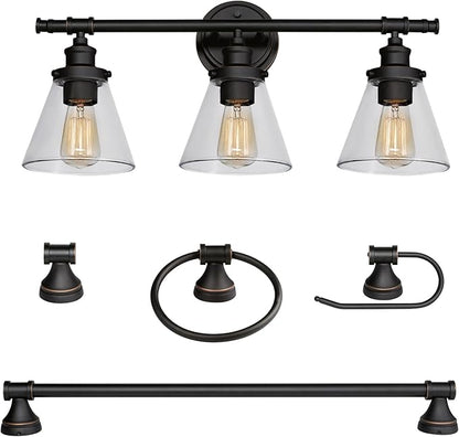 Globe Electric 50192 Parker 5-Piece All-In-One Bathroom Set, Oil Rubbed Bronze, 3-Light Vanity Light with Clear Glass Shades, Towel Bar, Towel Ring, Robe Hook, Toilet Paper Holder, Oil-rubbed Bronze