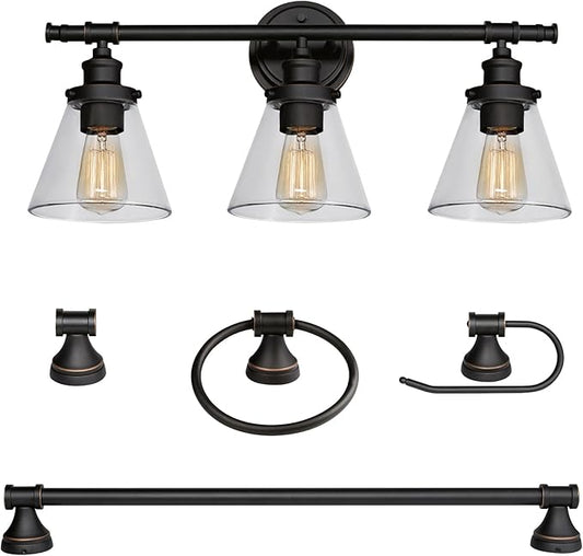 Globe Electric 50192 Parker 5-Piece All-In-One Bathroom Set, Oil Rubbed Bronze, 3-Light Vanity Light with Clear Glass Shades, Towel Bar, Towel Ring, Robe Hook, Toilet Paper Holder, Oil-rubbed Bronze
