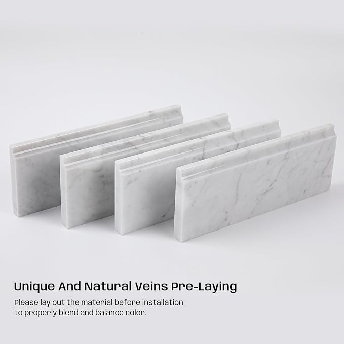 4 Pcs Carrara White Marble Baseboard Trim Molding, Polished | 4.5"x12" Marble Base Moulding for Kitchen, Bathroom, Wall, Floor & Shower, Protects Walls, Easy to Install, Durable