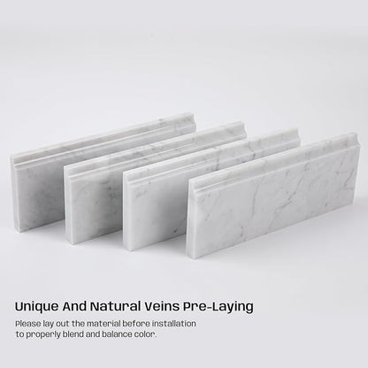 4 Pcs Carrara White Marble Baseboard Trim Molding, Polished | 4.5"x12" Marble Base Moulding for Kitchen, Bathroom, Wall, Floor & Shower, Protects Walls, Easy to Install, Durable