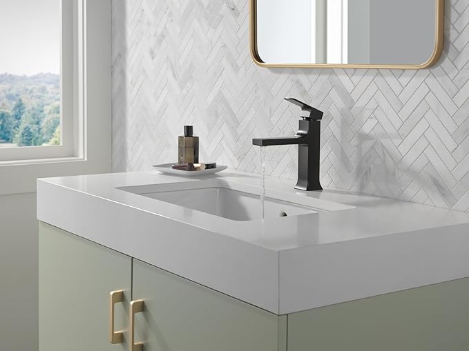 Delta Velum Matte Black Bathroom Faucet 1 Hole, Single Hole Bathroom Sink Faucet for Vanity, Metal Push-Pop Drain Assembly, Matte Black 537-BLMPU-DST
