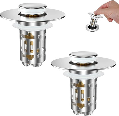 Hibbent 2 Pack Universal Bathroom Sink Drain Strainer, 3 in 1 Pop Up Stopper with Removable Stainless Steel Filter Basket, Brass Bullet Core, Hair Catcher Sink Plug for 1.1''~2.36'' Hole, Chrome