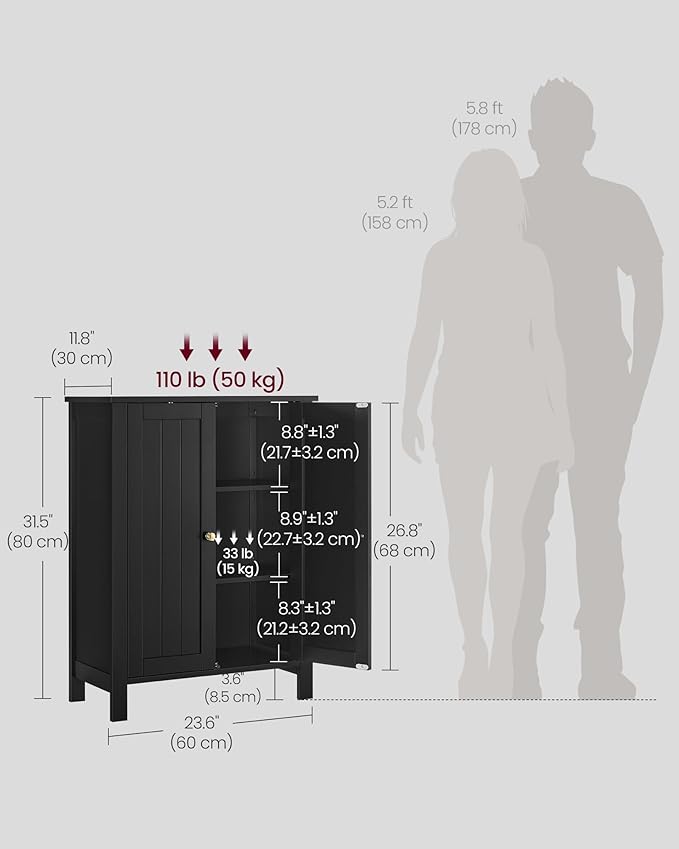 VASAGLE Floor Storage Cabinet, Freestanding Storage Unit with 2 Adjustable Shelves, for Bathroom Living Room Dining Kitchen, 11.8 x 23.6 x 31.5 Inches, Ink Black UBCB060B01