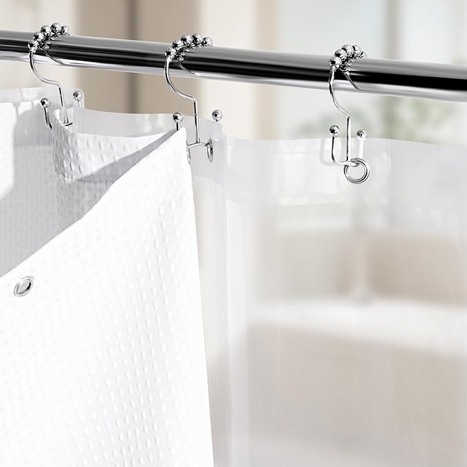 3 in 1 Shower Curtain Set, Waffle Shower Curtain and Liner Set with 12 Double Sided Shower Curtain Hooks, 258GSM Luxury Weighted Cloth Shower Curtains for Bathroom, 72 W x 72 H, White