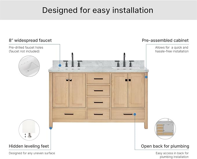 ARIEL Cambridge 60-inch Bathroom Vanity with Sink,Solid Wood, 1.5-inch Italian Carrara Marble Countertop, Double Rectangular Porcelain Sink, 4 Soft Closing Doors, 6 Dovetail Drawers, White Oak