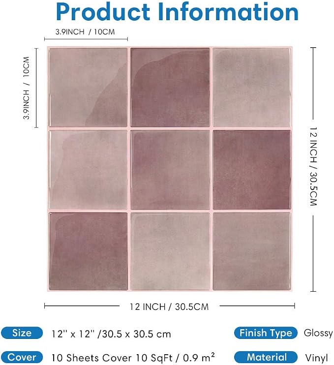 Thicker 3D Peel and Stick Backsplash Tiles, 10 Pcs 12" x 12" | Vintage Red, Glossy Self Adhesive Backsplash Sticker for Renter Friendly Bathroom DIY Wall Makeover, Cover 10 sq ft，Removable