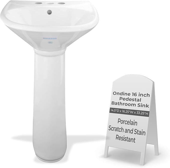 Renovators Supply Manufacturing Ondine Space Saving 16" W x 33" H x 14.5" Proj. Small Bathroom Pedestal Sink, Vitreous China, with Overflow, Compatible with 4 in. Centerset Faucets