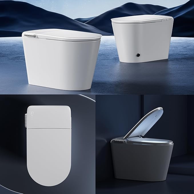 Modern Smart Toilet, One Piece Toilet with Auto Open/Close Lid, Heated Seat, Bidet Function, Warm Air Dry, Foam Shield, Auto Deodorization, Night Light, Remote Control