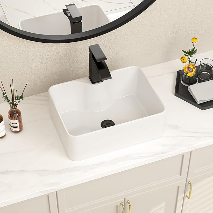 Bathroom Vessel Sink 16" x 12" Rectangle Vessel Sink With Black Faucet And Black Drain Combo Bowl Sink Bathroom Countertop Rectangular White Farmhouse Lavatory Vanity Sink Basin