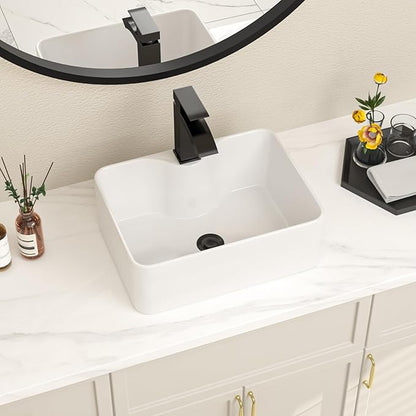Bathroom Vessel Sink 16" x 12" Rectangle Vessel Sink With Black Faucet And Black Drain Combo Bowl Sink Bathroom Countertop Rectangular White Farmhouse Lavatory Vanity Sink Basin