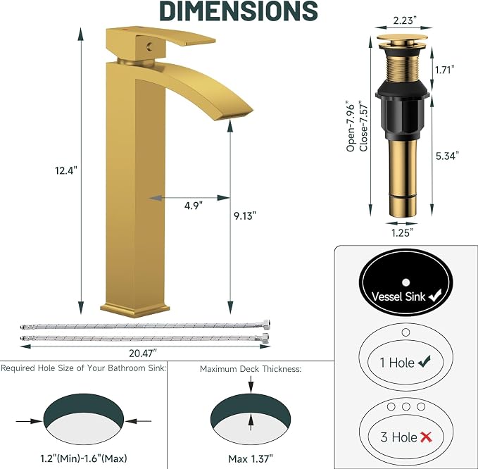 Brushed Gold Vessel Sink Faucet, Waterfall Bathroom Faucets | Brass, Tall Spout, Single Handle 1 Hole Bathroom Faucet, Modern Basin Taps with Supply Line, Pop Up Drain, Without Overflow