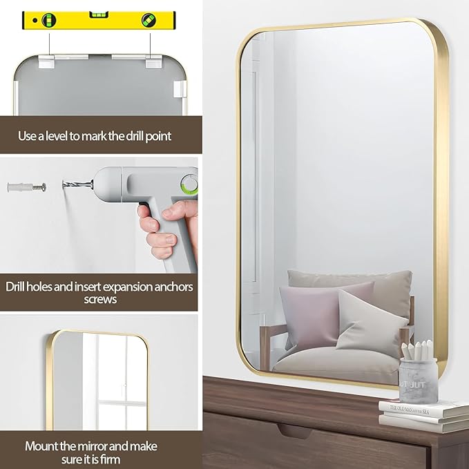 Gold Bathroom Mirror, 24x32 Inch Brushed Gold Mirror, Aluminum Alloy Framed Vanity Mirror, Rounded Rectangle Bathroom Mirror for Over Sink, Anti-Rust Wall Mirror (Horizontally or Vertically)