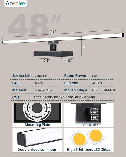 Aosclex 48 Inch Bathroom Lights Over Mirror, 180° Rotatable Angle, 32W 2880LM 5CCT Adjustable (2700K–6000K), Dimmable LED Light Fixture, IP44 Waterproof Black Modern Vanity Light, ETL Certificated