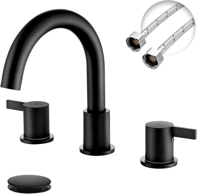 Two Handle Widespread Black Bathroom Faucet 3 Holes, Bathroom Sink Faucet with Metal Pop up Drain Assembly and cUPC Water Supply Lines, Black
