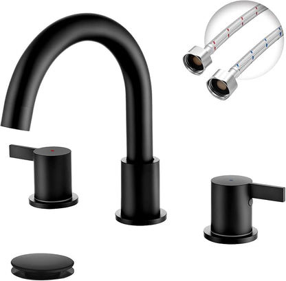 Two Handle Widespread Black Bathroom Faucet 3 Holes, Bathroom Sink Faucet with Metal Pop up Drain Assembly and cUPC Water Supply Lines, Black